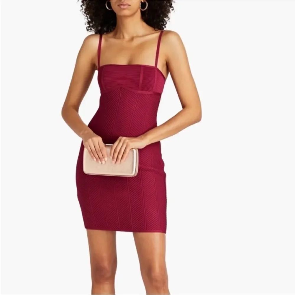 Herve Leger Red Bodycon Mini Dress Spaghetti Strap, XXS